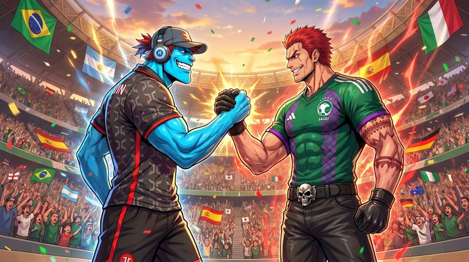 The image features two men shaking hands, both wearing green shirts and black pants. They are standing in front of a crowd of people who appear to be cheering for them. The background shows a stadium filled with fans, indicating that this could be an event or competition taking place at a sports venue. The post also mentions the FOMO (fear of missing out) concept, which suggests that there might be a limited number of tickets available for a particular event or opportunity, and people are encouraged to claim their ticket as soon as possible to secure it.