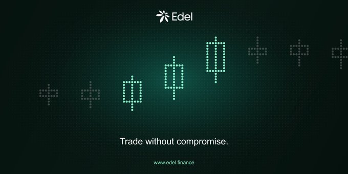 A dark teal promotional graphic for Edel with dotted candlestick charts and the tagline 'Trade without compromise.' along with the website www.edel.finance.
