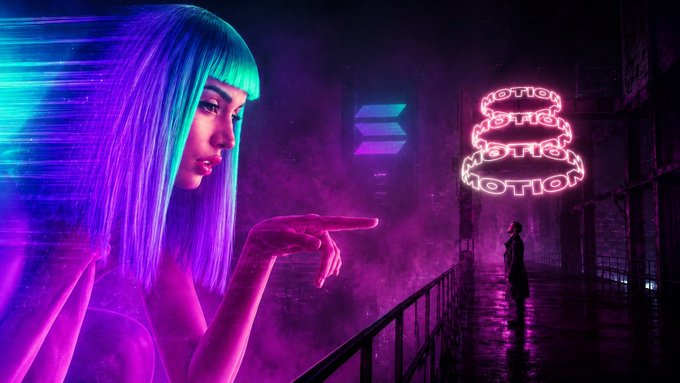 A vibrant, neon-lit cyberpunk-style scene featuring a woman with blue/purple hair pointing at a glowing pink three-tiered cake sign with text, while another figure stands in the distance on a wet street.