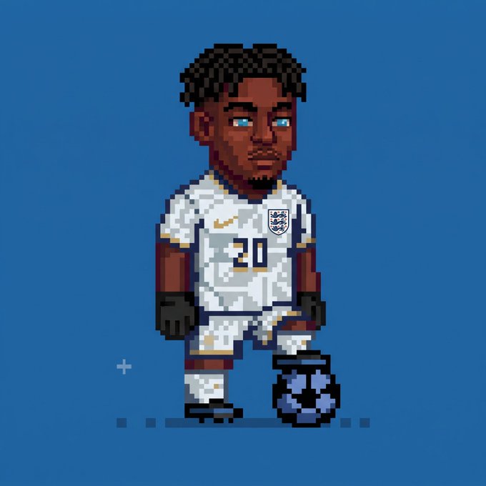 A pixel art illustration of a soccer player wearing England kit #20, standing with a soccer ball on a blue background.
