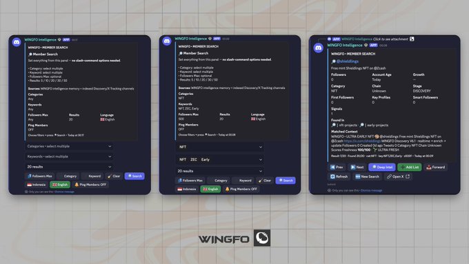 Three side-by-side screenshots of the WINGFO Intelligence tool showing different search interfaces and metadata for NFT and Twitter accounts.