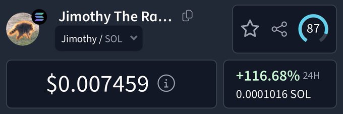 The image shows a cryptocurrency listing for "Jimothy The Ra..." (ticker $JIMOTHY/SOL) priced at $0.007459, with a dramatic +116.68% gain in the past 24 hours and a "87" rating. This aligns with the post's celebration of a "2x on $JIMOTHY" following whale accumulation and a price bottom.