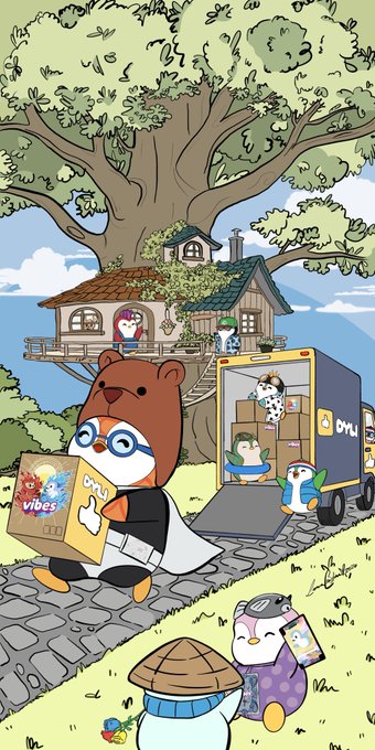 An illustrated scene featuring cute penguin and bear characters around a treehouse, with one penguin holding a 'VIDIVICI' box and a delivery truck in the background.