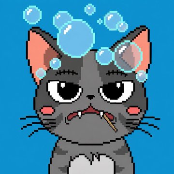 A grumpy pixel-art gray cat with bubbles floating above its head and a cigarette dangling from its mouth. The weary, deadpan expression pairs perfectly with the "PurrFect Soon" caption, suggesting an impending event that promises to be anything but smooth or pleasant.
