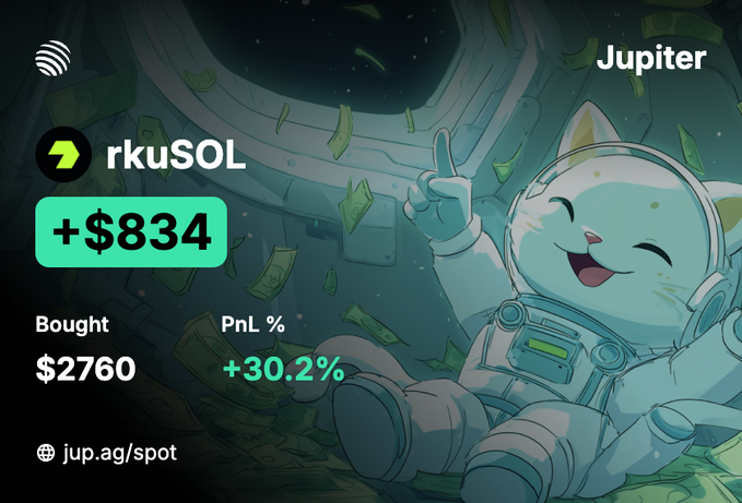 A Jupiter exchange promotional graphic featuring a cartoon cat astronaut, showing a +$834 gain on rkuSOL with $2760 bought and +30.2% PnL.