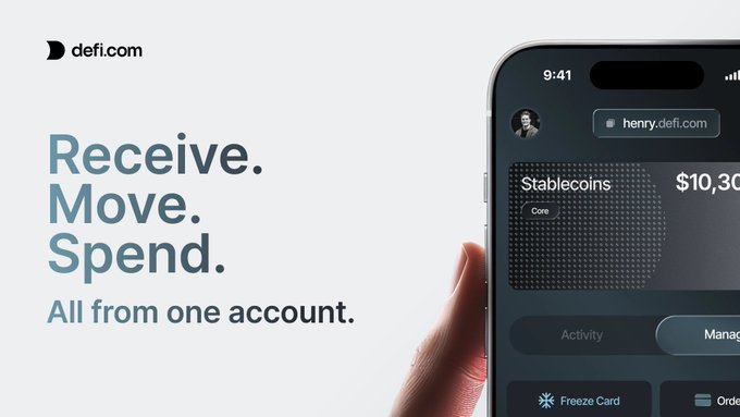 A DeFi.com advertisement shows a hand holding a smartphone next to the text “Receive. Move. Spend. All from one account.” The phone includes “defi.com,” “Stablecoins,” and “$10,30…” as a partially visible balance.