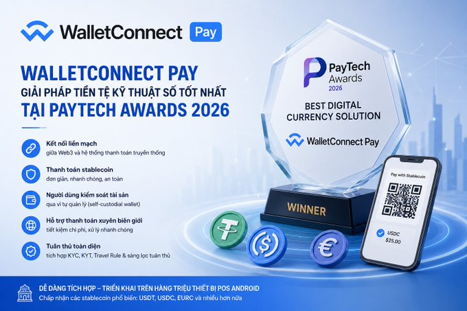 Promotional graphic for WalletConnect Pay winning 'Best Digital Currency Solution' at PayTech Awards 2026, highlighting features like Web3 connectivity, stablecoin transactions, and multi-currency support (USDT, USDC, EURC).