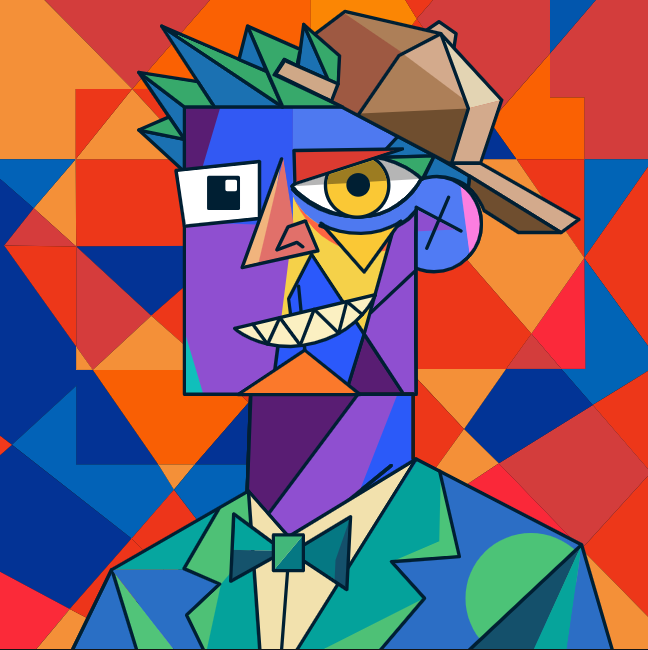 A vibrant, cubist-style digital portrait of a person with mismatched eyes, a jagged grin, a brown hat, and a teal suit with a bow tie, set against an orange and blue geometric background.