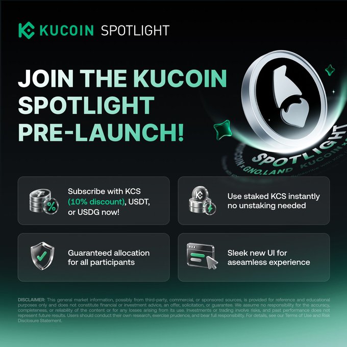 KuCoin Spotlight pre-launch promotional graphic highlighting new features including KCS subscriptions (10% discount), staked KCS usage without unstaking, guaranteed allocation for participants, and a sleek new UI for seamless experience.