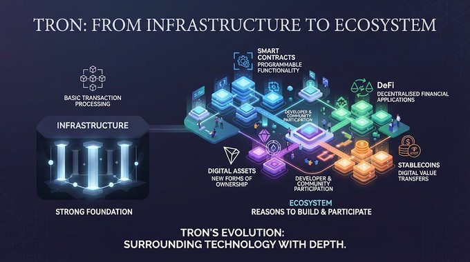 An infographic titled 'TRON: FROM INFRASTRUCTURE TO ECOSYSTEM' showing the evolution of the TRON network from basic transaction processing to a full ecosystem including smart contracts, DeFi, stablecoins, and digital assets.