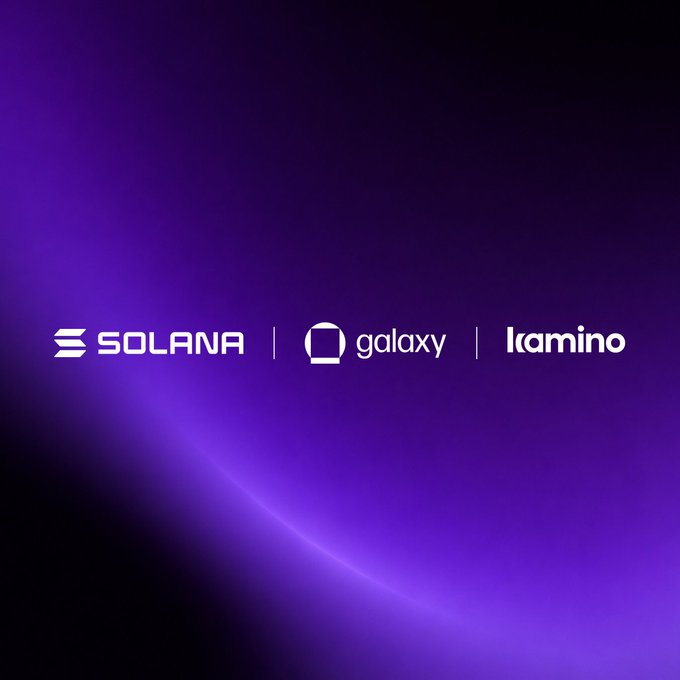 A purple gradient background displays the white logos for 'SOLANA', 'galaxy', and 'lamino' arranged horizontally.
