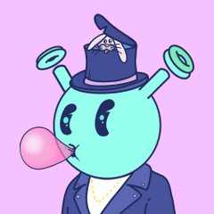 A cartoon illustration of a mint-green character with antennae and a top hat, blowing a pink bubblegum bubble against a pink background.