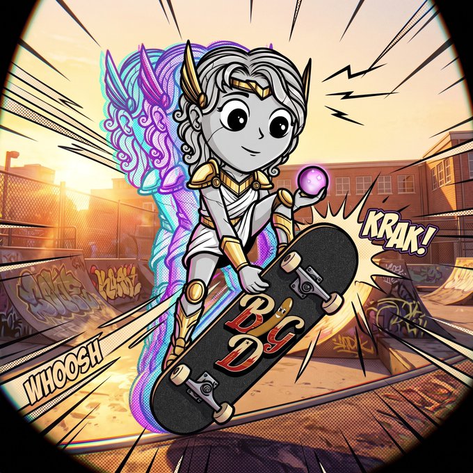 A vibrant anime/comic-style illustration of a white-haired chibi character with wings riding a board labeled "BGD" through a skate park, with comic-style "WHOOSH" and "KRAK!" sound effects in the background.