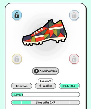 A digital NFT sneaker minting interface displaying a colorful 'Shoe Mint 2' token at Level 5 with a score of 676398205.