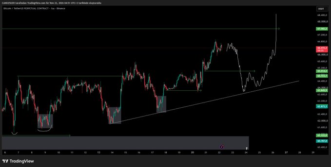 The image displays a TradingView chart of Bitcoin/US Dollar Perpetual Contract (BTCUSDT.P) on Binance, showing a candlestick pattern with current price at 66,494.45, a 24-hour high of 67,206.0, and visible support levels around 62,875.6 and 62,499.5, with a trendline drawn from recent lows. The chart visually supports the post's analysis by illustrating the price consolidation near resistance after recent highs, suggesting potential weakness that could lead to a pullback toward the upward trendline support shown at the bottom of the chart.