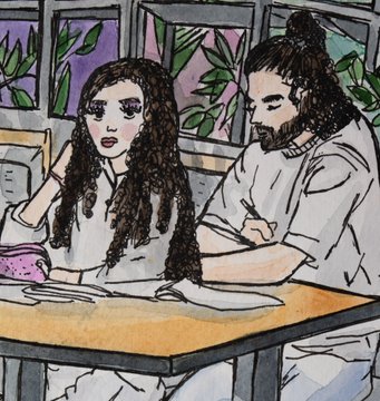 A marker and watercolor illustration depicts a woman with long curly hair sitting at a table across from a man with a beard and hair bun, who is writing in a notebook.