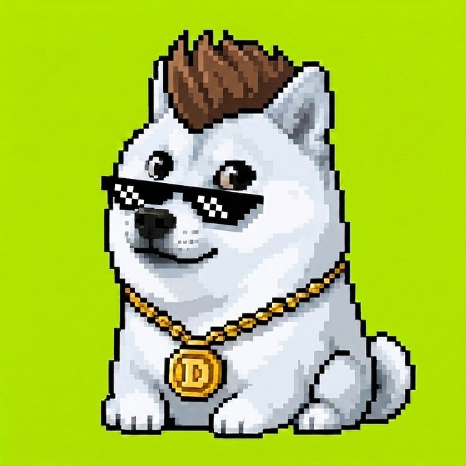 A pixel art illustration of a white dog with a brown tuft of hair, wearing pixelated 'deal with it' sunglasses and a gold chain with a 'D' pendant, set against a bright green background.