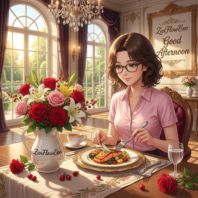 An anime-style illustration of a brown-haired woman in glasses enjoying a meal at a fancy table, branded with 'ZenFlowCen' and 'Good Afternoon'.