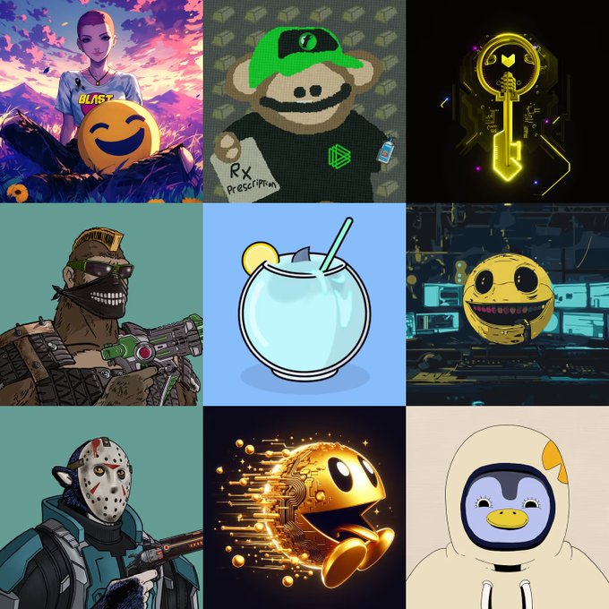 A 3x3 grid of digital art images featuring various pop culture and gaming characters, including Jason Voorhees, a monkey in a green hat, Pac-Man, and other stylized figures.