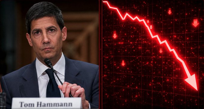 A serious-looking man labeled "Tom Hammann" speaks into a microphone alongside a red downward-trending stock chart, visually emphasizing the post's message that the US economy is experiencing stagflation, with 23,000 jobs lost and inflation remaining above 3%.