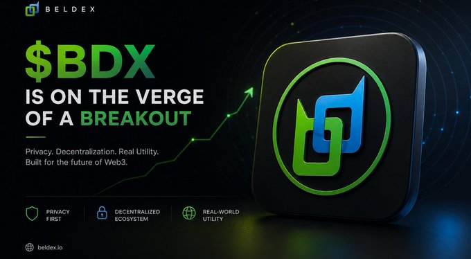 A promotional graphic for the cryptocurrency $BDX (Beldex) with the text '$BDX IS ON THE VERGE OF A BREAKOUT', highlighting features like 'Privacy. Decentralization. Real Utility. Built for the future of Web3.' alongside a green and blue logo.