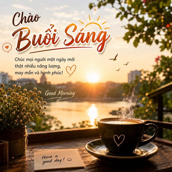 A Vietnamese 'Chào Buổi Sáng' (Good Morning) greeting card featuring a steaming cup of coffee at sunrise, wishing viewers a day full of energy, luck, and happiness.
