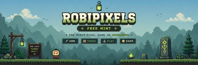 A pixel-art style promotional banner for "ROBIPIXELS" advertises a free mint, describing it as "THE FIRST PIXEL GAME ON ROBINHOOD" with options to "OWN, TRADE, PLAY, EARN," aligning with the post's call-to-action for filling out a form to claim one of 70 OG spots within 24 hours.