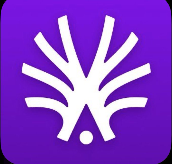 A purple app icon featuring a white stylized tree or plant logo.