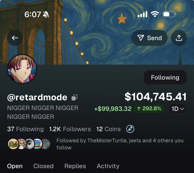 A Twitter/X profile page for @retardmode with a dark Van Gogh 'Starry Night' background, showing a balance of $104,745.41 with a 292.8% increase and 12 Coins.