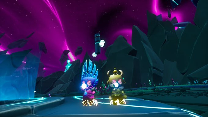 A screenshot from a video game showing two stylized characters with glowing weapons standing in a dark, crystalline landscape beneath a purple aurora sky.