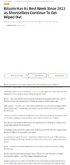 A cryptocurrency news article headline reads "Bitcoin Has Its Best Week Since 2023 as Shortsellers Continue To Get Wiped Out" from Yahoo Finance.
