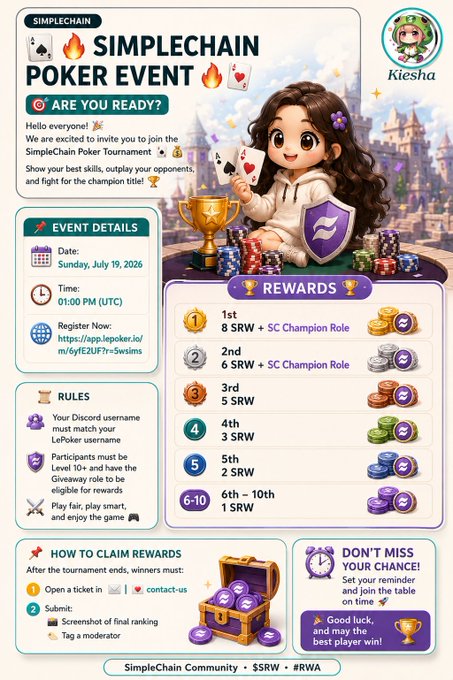 A promotional graphic for the SimpleChain Poker Tournament, dated Sunday, July 19, 2026 at 01:00 PM (UTC), featuring an anime-style character with playing cards and poker chips, listing rewards of 1-10 SRW plus Champion Roles and providing rules and reward claim instructions.