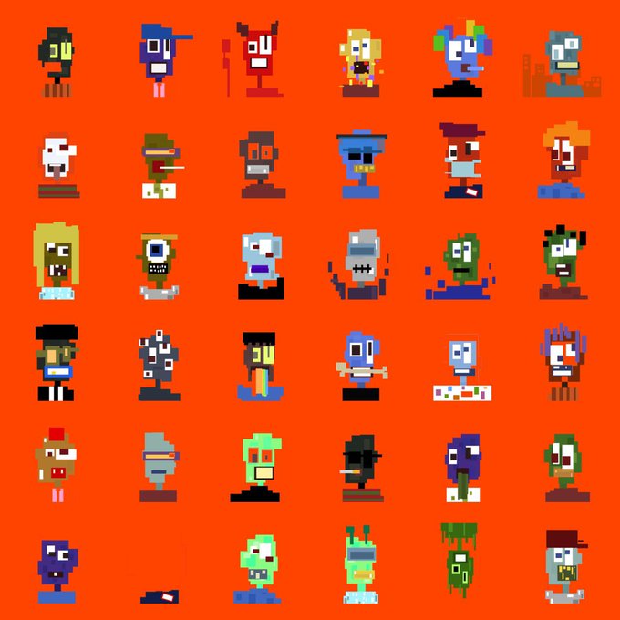 A collection of 36 pixel-art "Bafoon" characters arranged in a 6x6 grid on a bright orange background, representing the 2026-supply NFT collection that will be available through a free mint with 1,500 guaranteed spots and public sale at .0002 ETH.