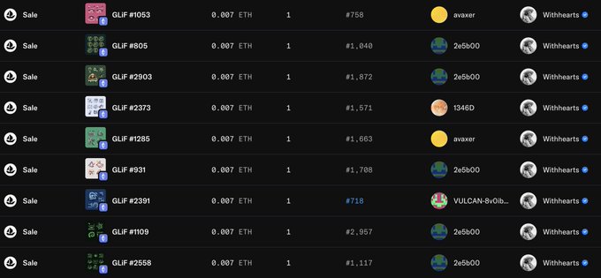 A screenshot of an NFT marketplace listing multiple GLIF items for sale at 0.007 ETH, sold by 'Witheearts'.