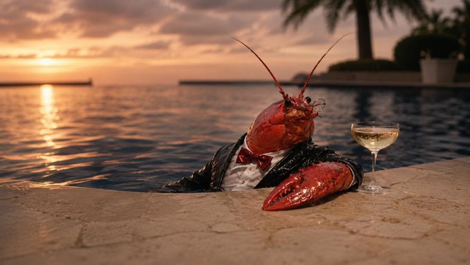 Surreal AI-generated image of a lobster in a tuxedo emerging from a pool, holding a glass of white wine at sunset.