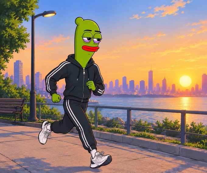 A cartoon green character in a black tracksuit jogs along a waterfront path at sunset, with a city skyline in the background.