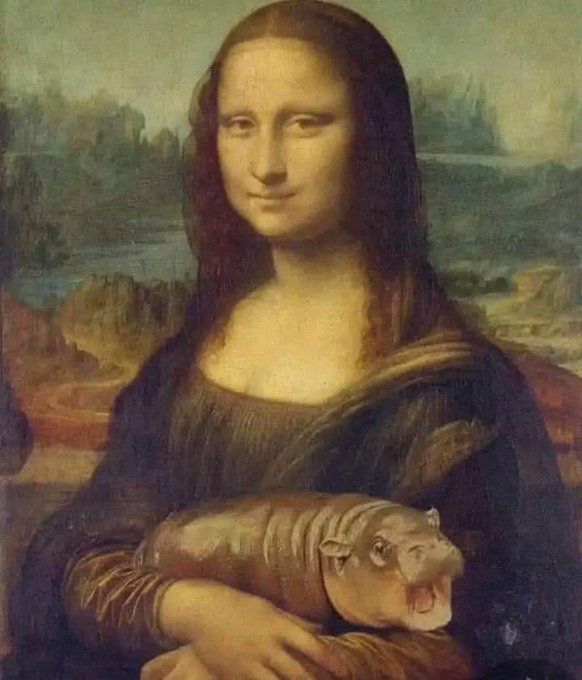 An altered version of Leonardo da Vinci's 'Mona Lisa' painting, where the subject is depicted holding a snarling, bleeding dog or wolf on her lap instead of her hands.