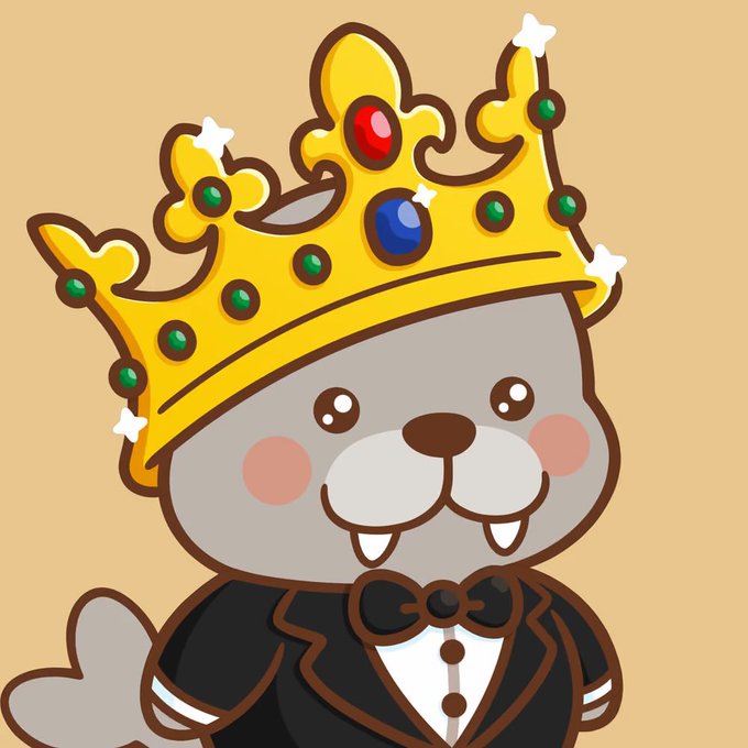 A cartoon illustration of a gray seal or similar character wearing an ornate yellow crown adorned with gems and a black formal tuxedo with a bow tie.
