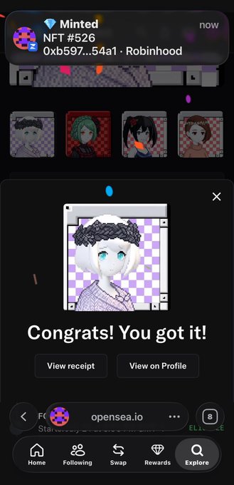 A mobile app screenshot shows a successful NFT mint notification reading "Minted NFT #526" with the message "Congrats! You got it!" featuring an anime character avatar.