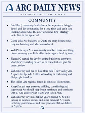 The image shows a poster for the Arc Daily News, which is an online news platform that provides daily updates on various topics. The poster features a list of articles posted by the site's contributors, including one titled "Community". This article discusses the importance of community and how it can be fostered through collaboration and shared experiences. The poster also includes a list of names and titles for other articles posted on the site.