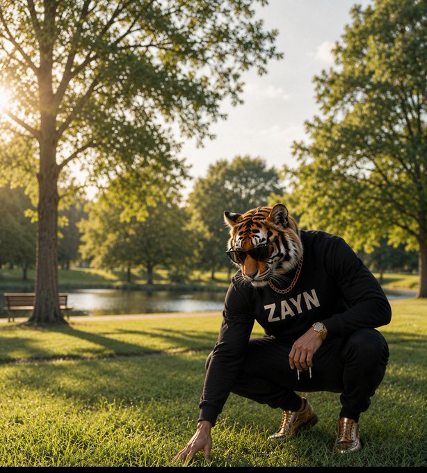 A surreal AI-generated image of a person with a tiger's head wearing sunglasses and a black 'ZAYN' sweatshirt, crouching in a park.
