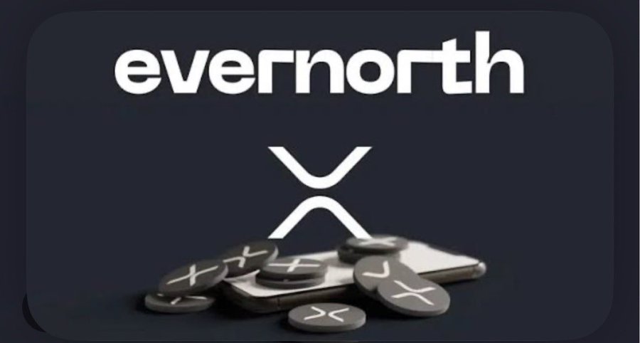 A promotional graphic for Evernorth displaying the company name and a stylized 'X' logo above a smartphone surrounded by black tokens marked with symbols like 'X' and 'V'.