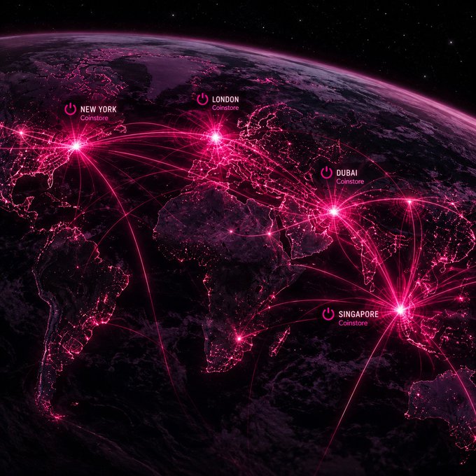 A global network visualization showing connections between Coinstore locations in New York, London, Dubai, and Singapore on a dark world map with pink glowing lines.