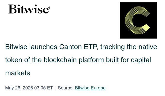 The image shows a screenshot of an article about Bitwise, which is a company that has launched Canton ETP (Ethereum Tokens Platform) for capital markets. The text in the image reads "bitwise launches Canton ETP #CC Built for Capital Markets globenewswire.com/news-release/2". This indicates that the article is about Bitwise and their recent launch of the Ethereum tokens platform, which is designed to track native token built on a blockchain platform for capital markets.