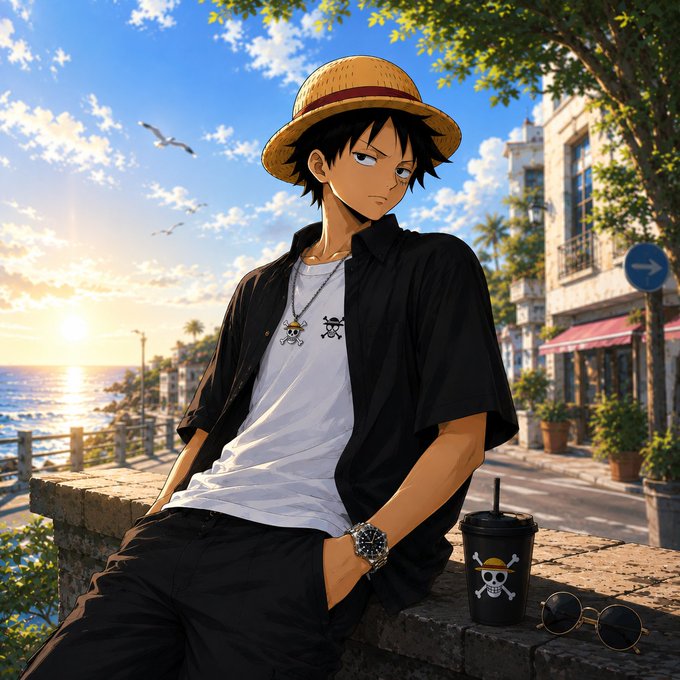 An anime-style illustration of a young man with black hair wearing a straw hat, skull graphic tee, and black shirt, sitting by a seaside promenade with a sunset view, accompanied by a skull-decorated cup and sunglasses.
