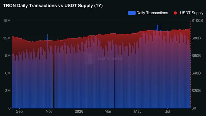 A dual-axis chart titled "TRON Daily Transactions vs USDT Supply (1Y)" displaying blue bars for daily transactions and a red line for USDT supply over a year.