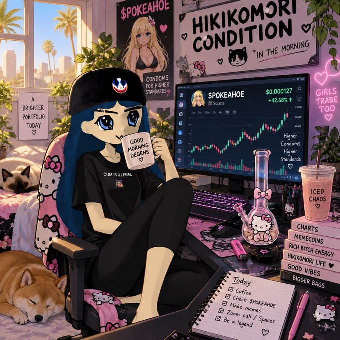 An anime-style illustration of a blue-haired character in a room with crypto trading screens, signs reading 'HIKIKOMORI CONDITION' and '$POKEAHOE', and various pop culture references including Hello Kitty.