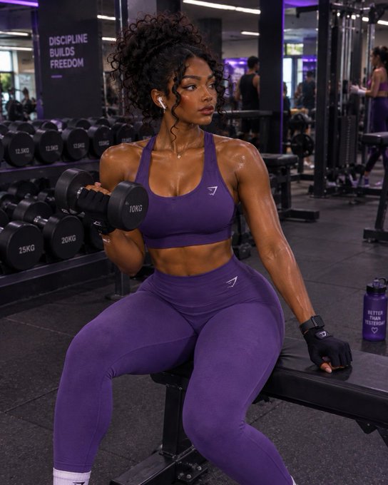 A muscular woman in purple athletic wear lifts a 10KG dumbbell in a gym with the motto "DISCIPLINE BUILDS FREEDOM" on the wall.