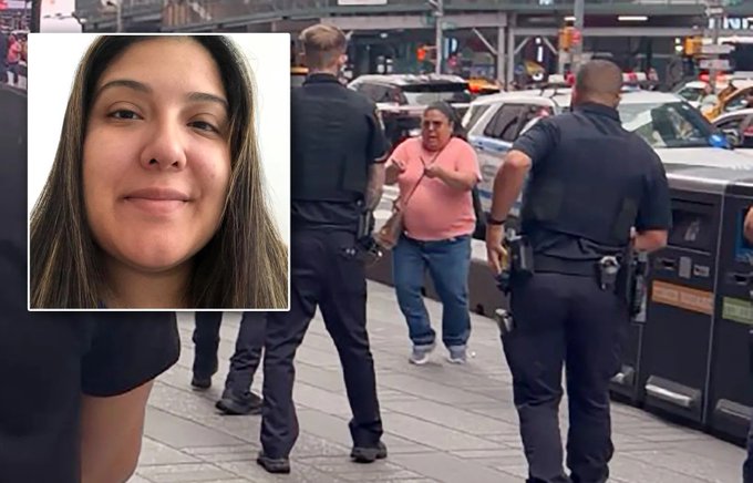 A news image showing a young woman smiling in an inset photo on the left, while the main image depicts a chaotic street scene in what appears to be New York City with police officers and civilians near yellow taxi cabs.