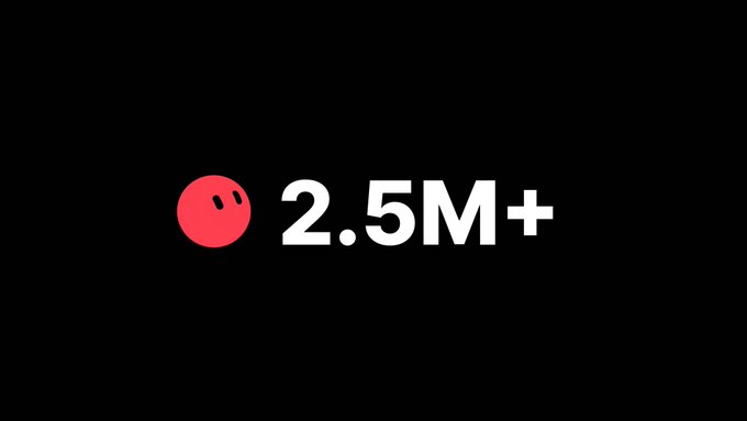 A black graphic displays a red circular logo with a face and the text '2.5M+' in bold white lettering.